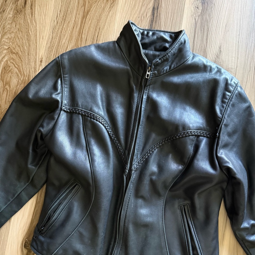 Unisex Vintage Black Leather Jacket with Braided Paneling